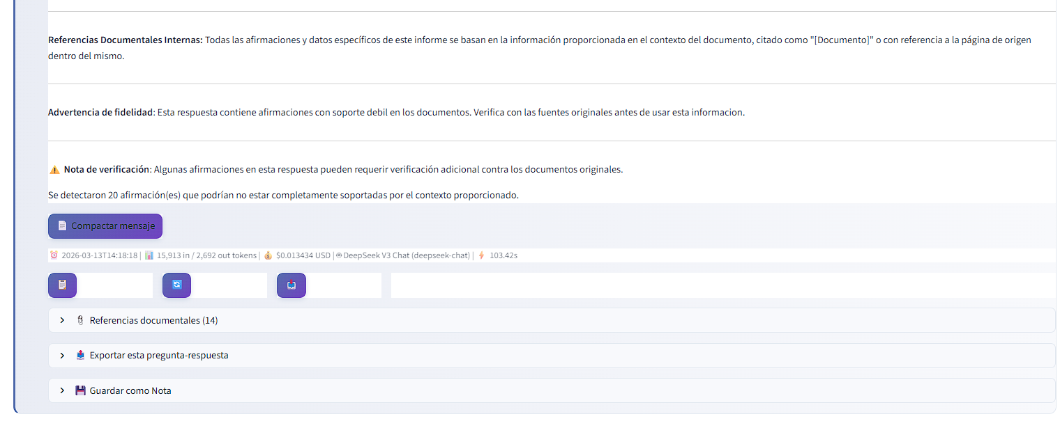 Pantalla completa del chat mostrando múltiples intercambios con la IA y respuestas detalladas